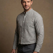 Striped Mandarin Collar - Cotton Shirt For Men