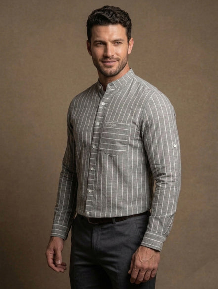 Striped Mandarin Collar - Cotton Shirt For Men