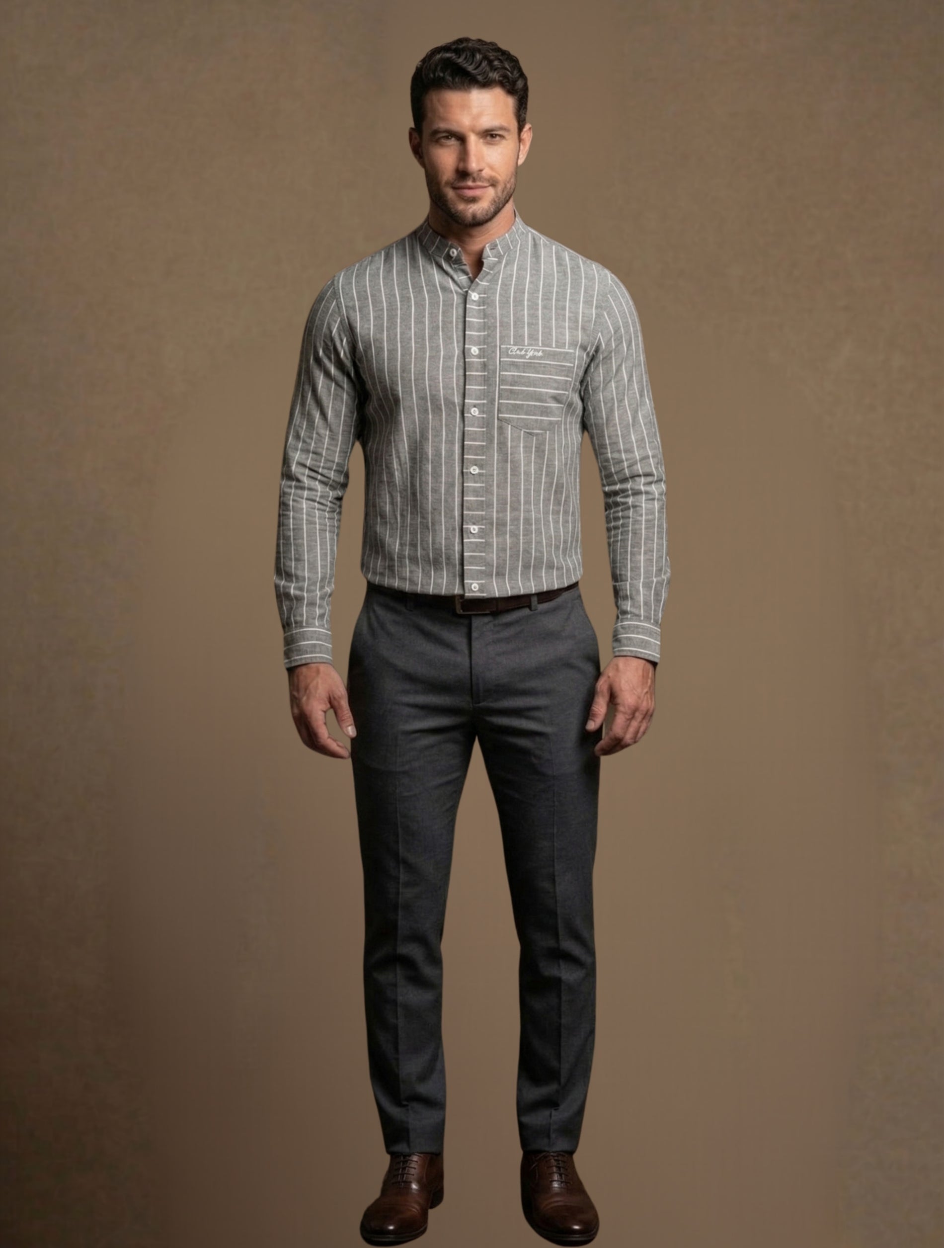 Striped Mandarin Collar - Cotton Shirt For Men