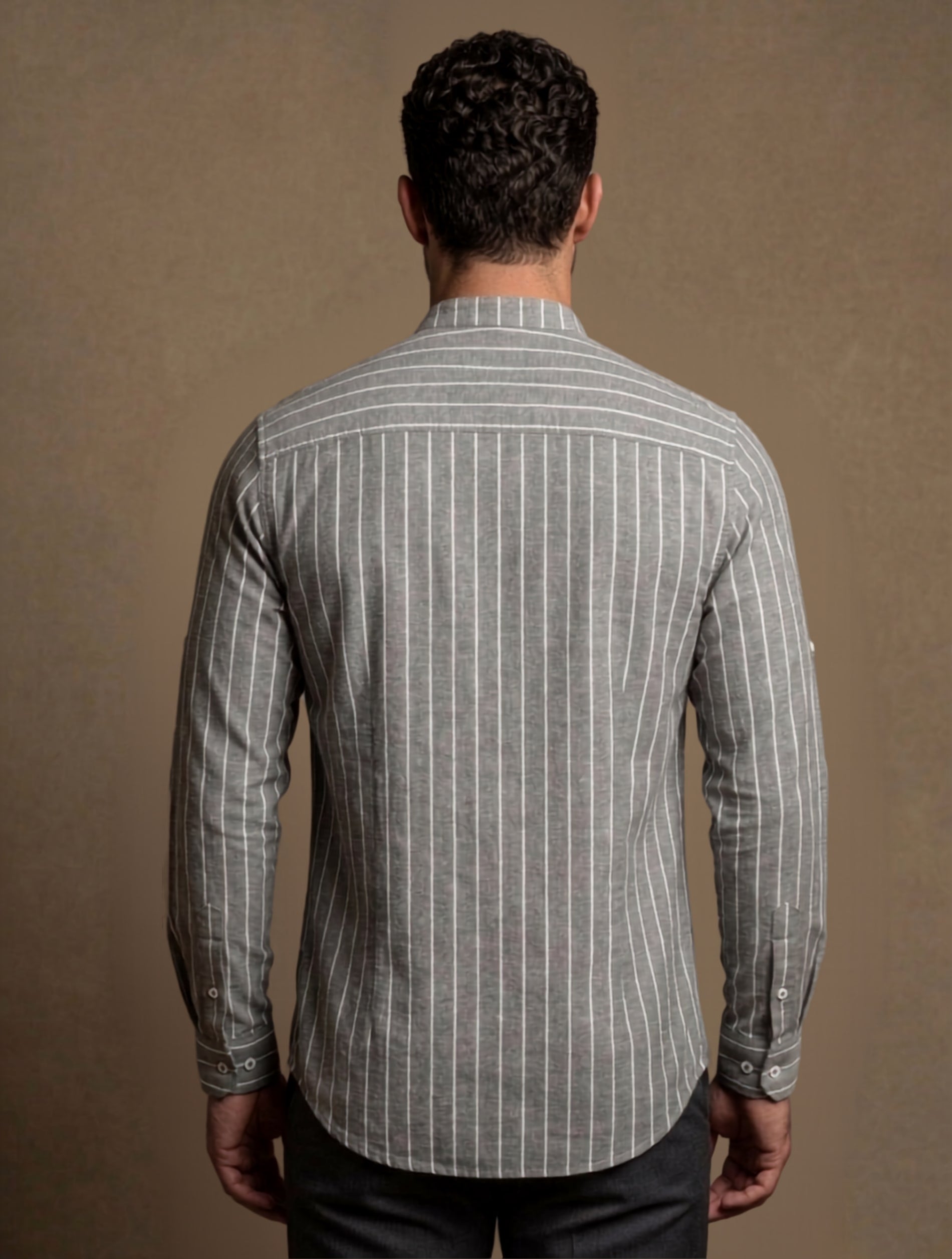 Striped Mandarin Collar - Cotton Shirt For Men