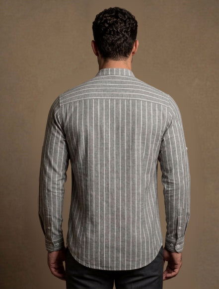 Striped Mandarin Collar - Cotton Shirt For Men