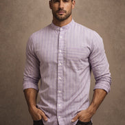 Striped Mandarin Collar - Cotton Shirt For Men