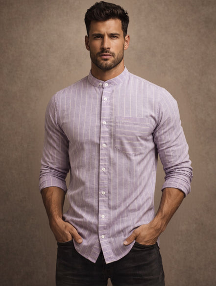 Striped Mandarin Collar - Cotton Shirt For Men
