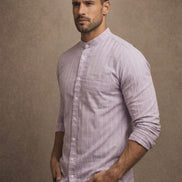 Striped Mandarin Collar - Cotton Shirt For Men