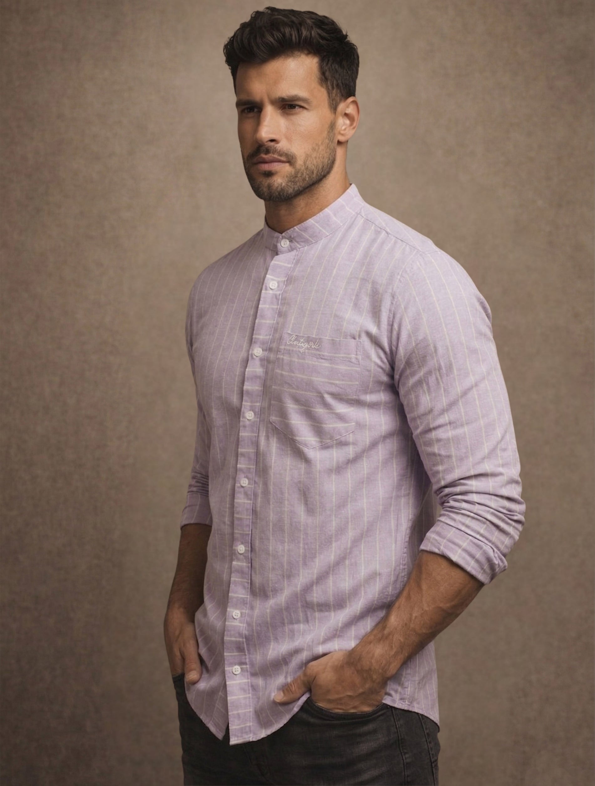 Striped Mandarin Collar - Cotton Shirt For Men