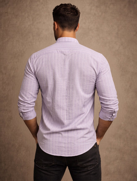 Striped Mandarin Collar - Cotton Shirt For Men