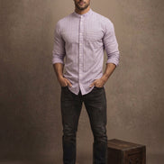 Striped Mandarin Collar - Cotton Shirt For Men