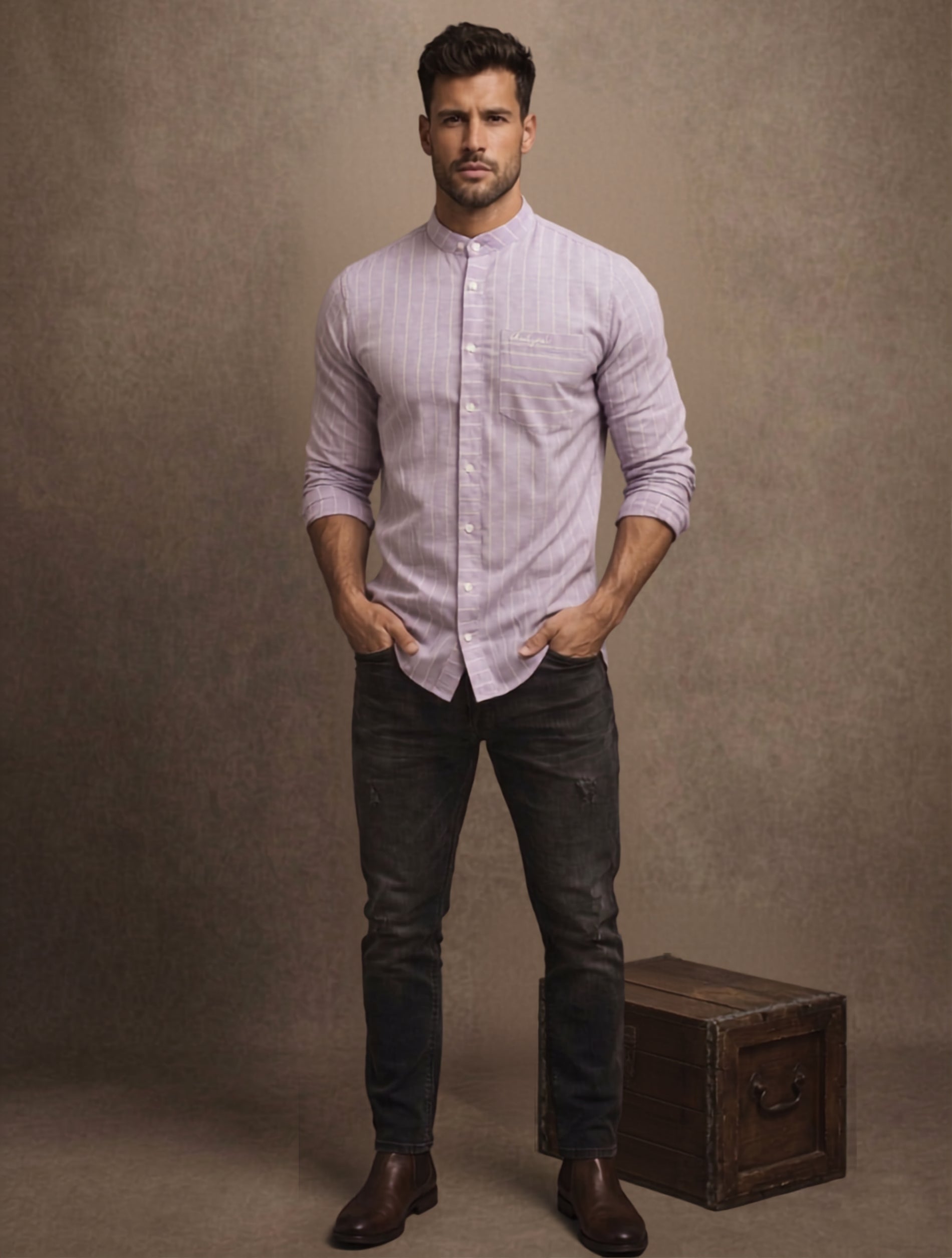 Striped Mandarin Collar - Cotton Shirt For Men