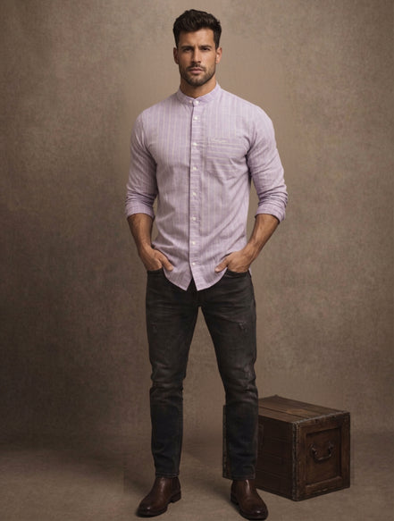 Striped Mandarin Collar - Cotton Shirt For Men