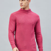 Pink Ribbed High Neck Sweater
