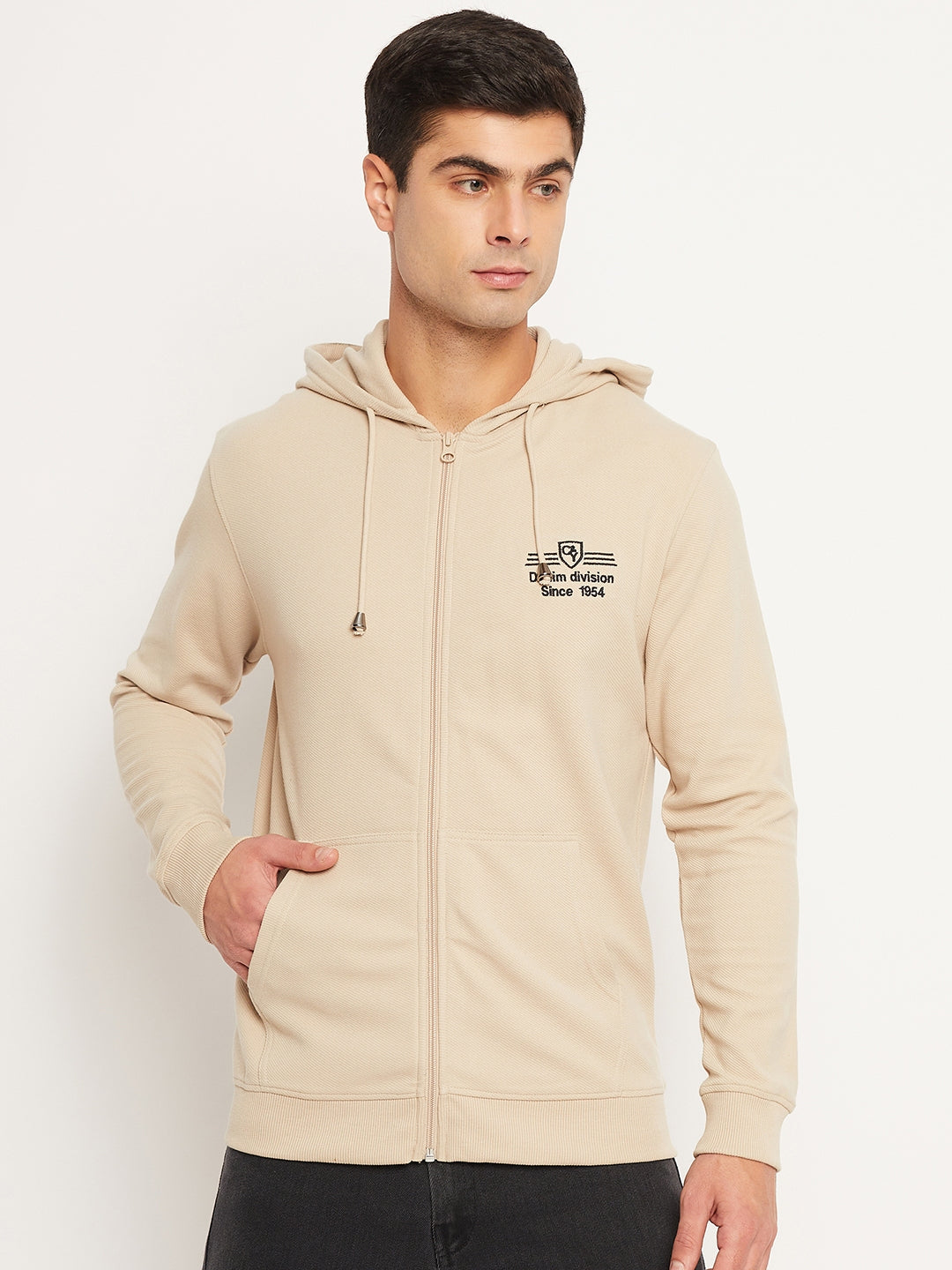 Beige Solid Full Sleeve Hooded Sweatshirt