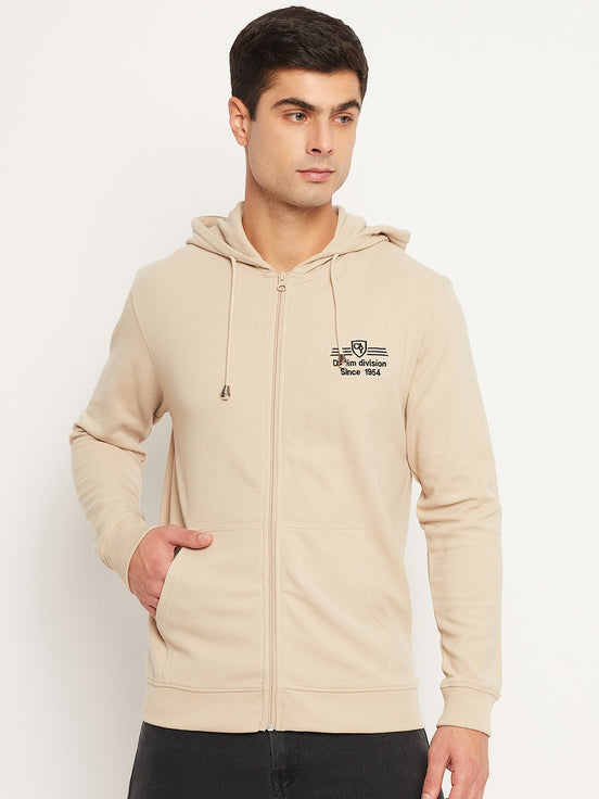 Beige Solid Full Sleeve Hooded Sweatshirt