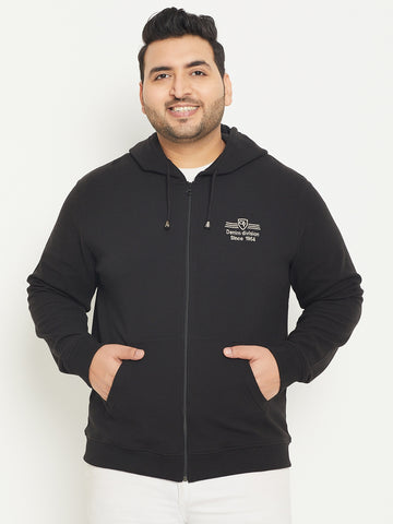 Black Solid Full Sleeve Hooded Plus Size Sweatshirt