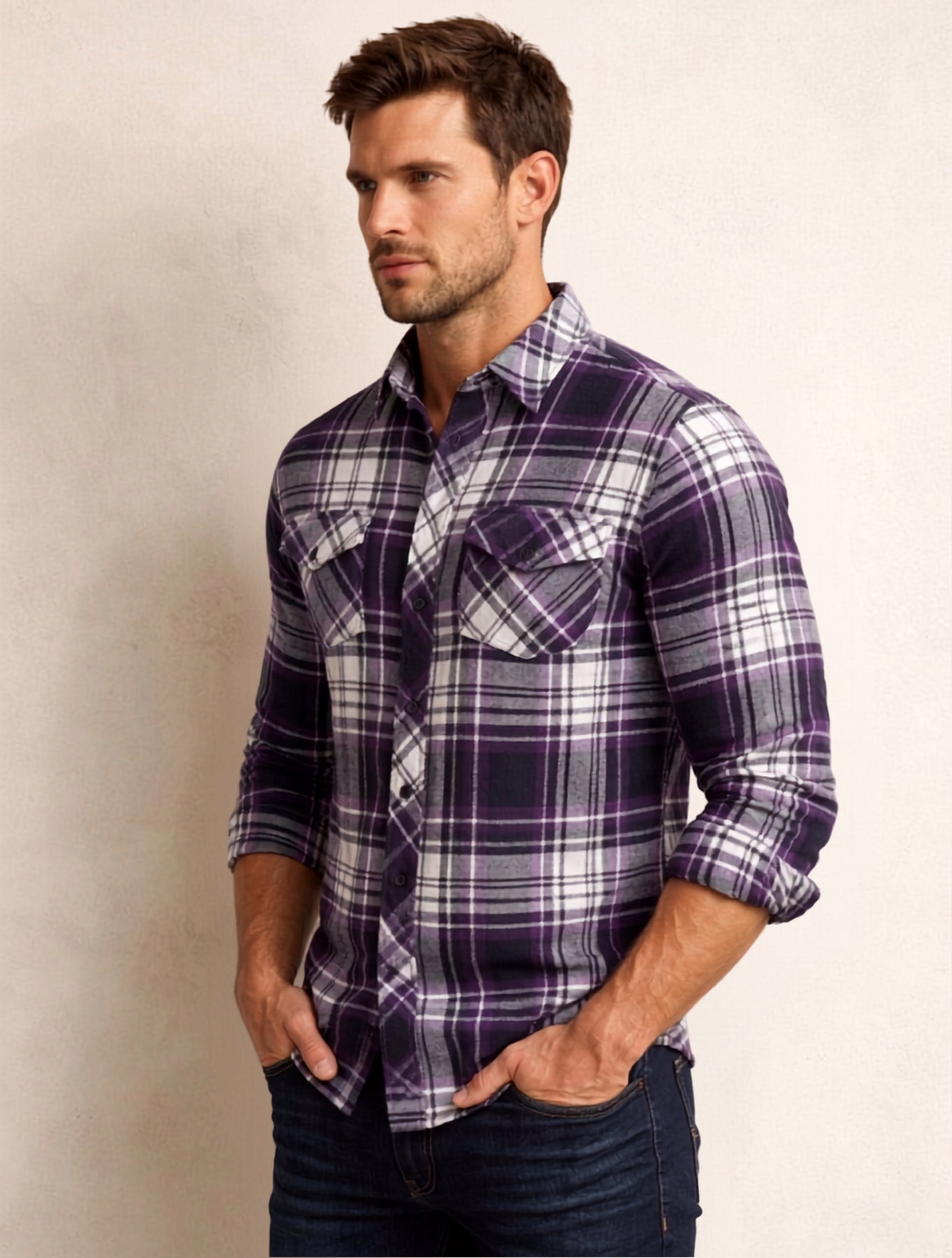 Purple Check Cotton Shirt For Men