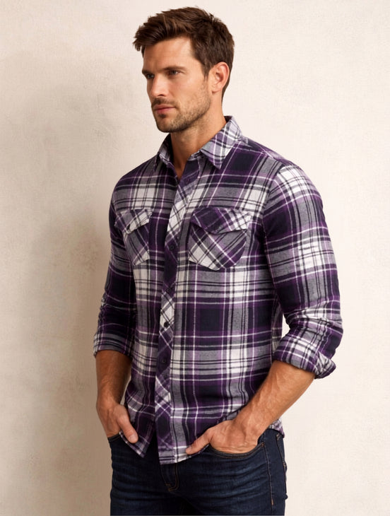 Purple Check Cotton Shirt For Men