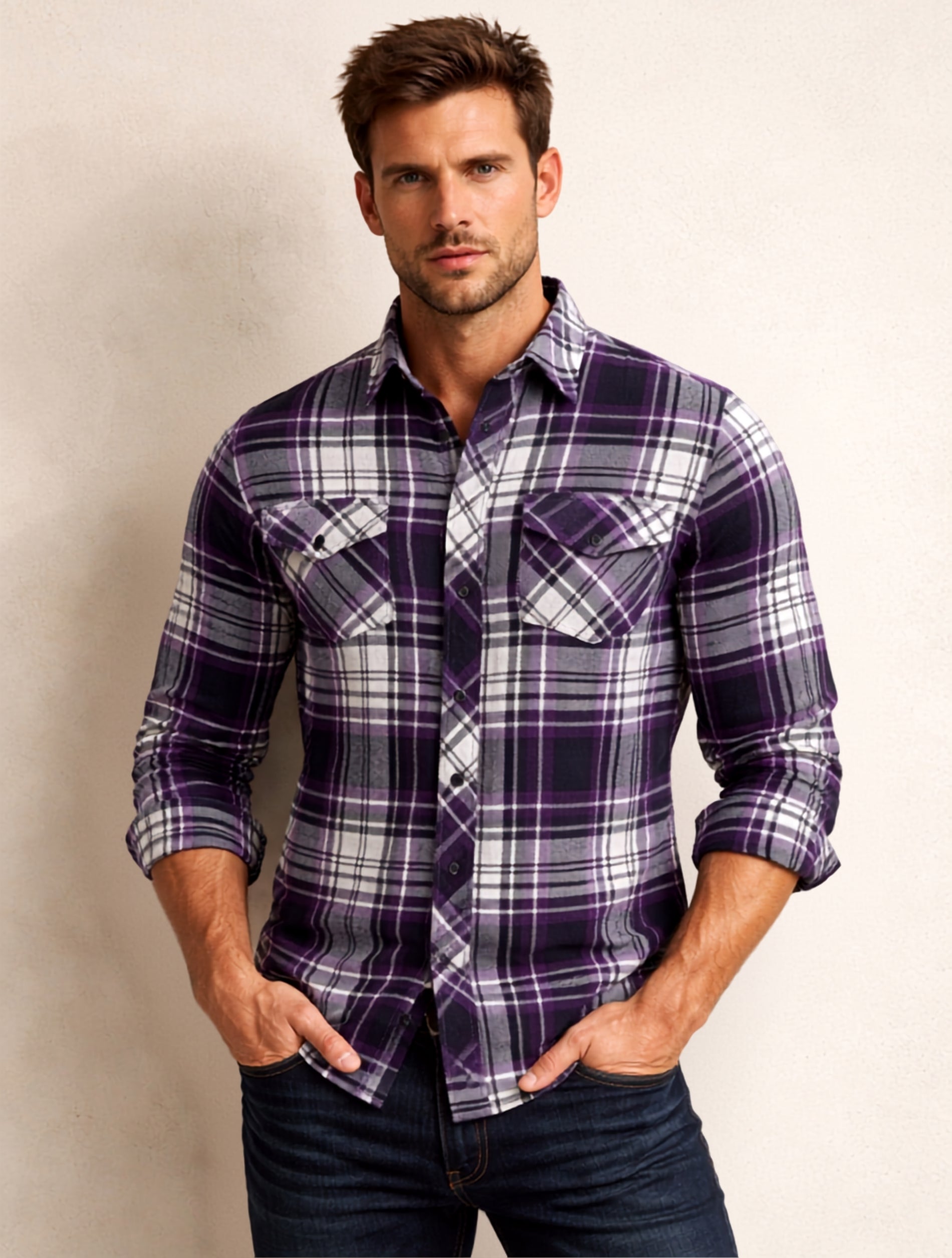 Purple Check Cotton Shirt For Men