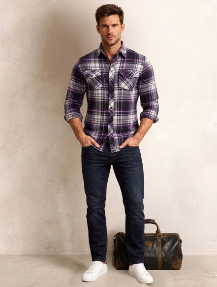 Purple Check Cotton Shirt For Men