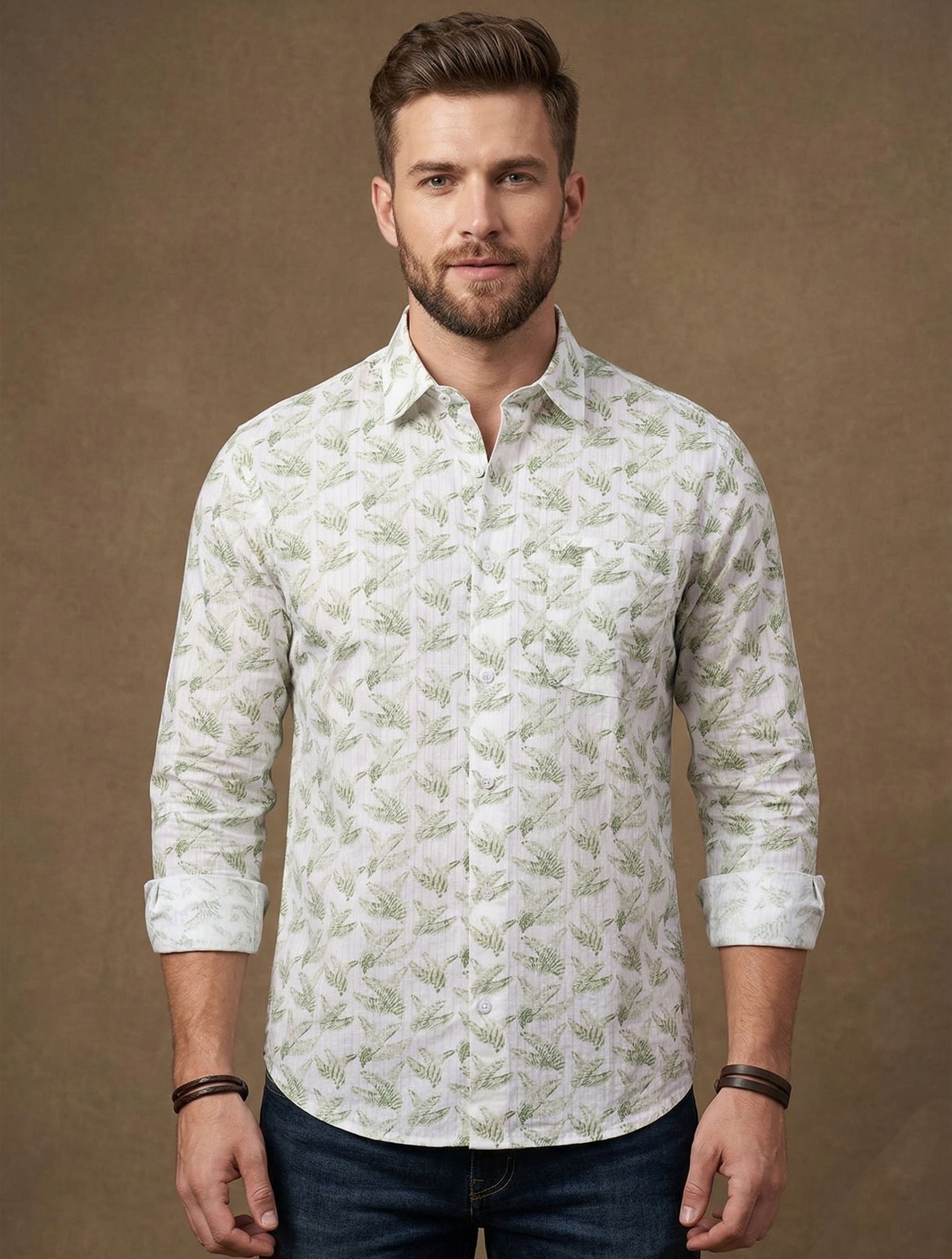 Sage Fern Printed Cotton Shirt For Men