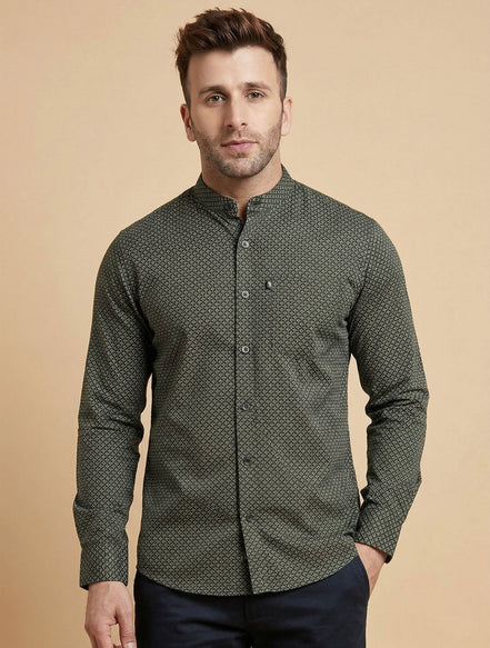 Band Collar Printed Cotton Shirt For Men