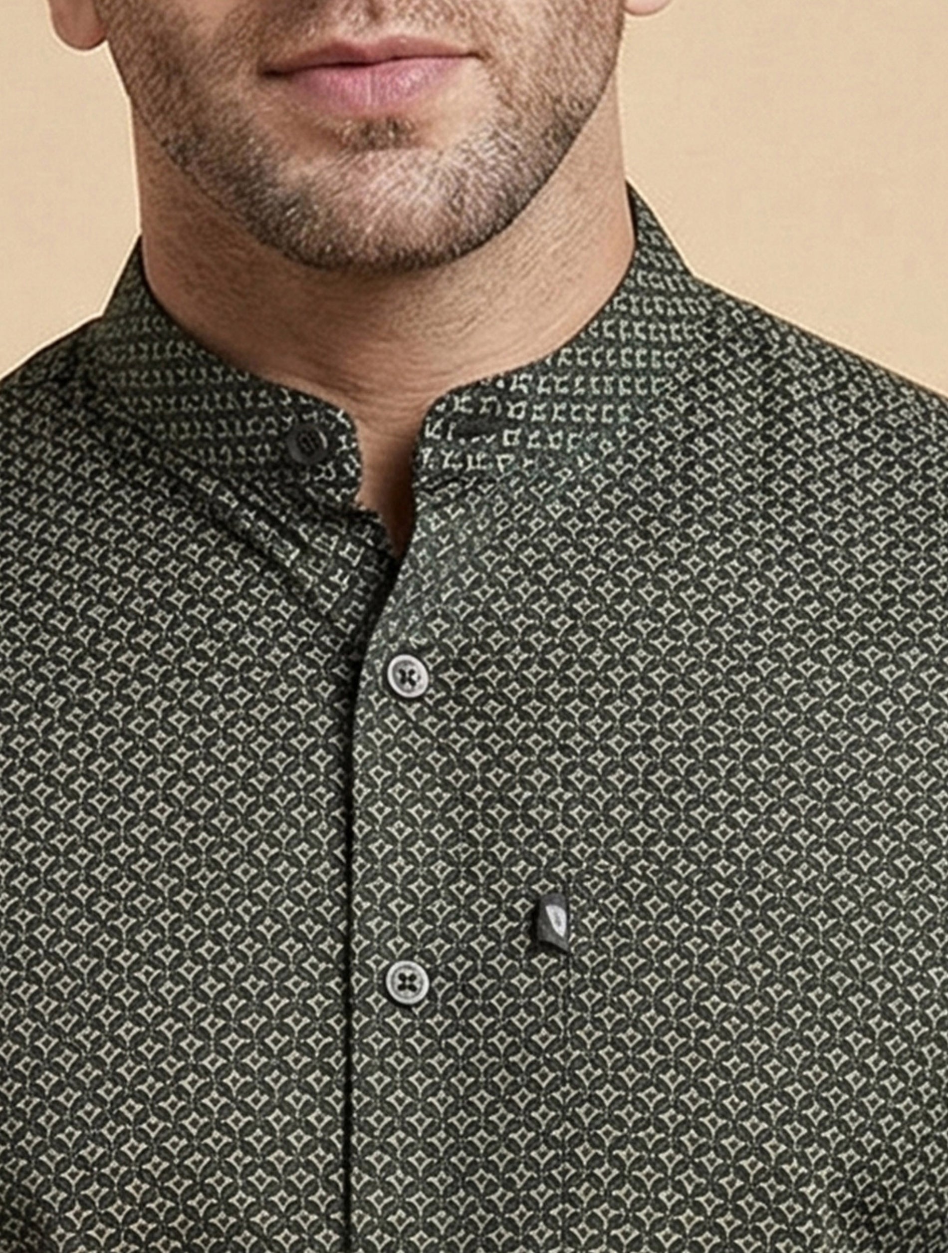 Band Collar Printed Cotton Shirt For Men