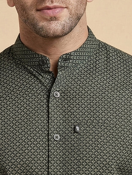 Band Collar Printed Cotton Shirt For Men