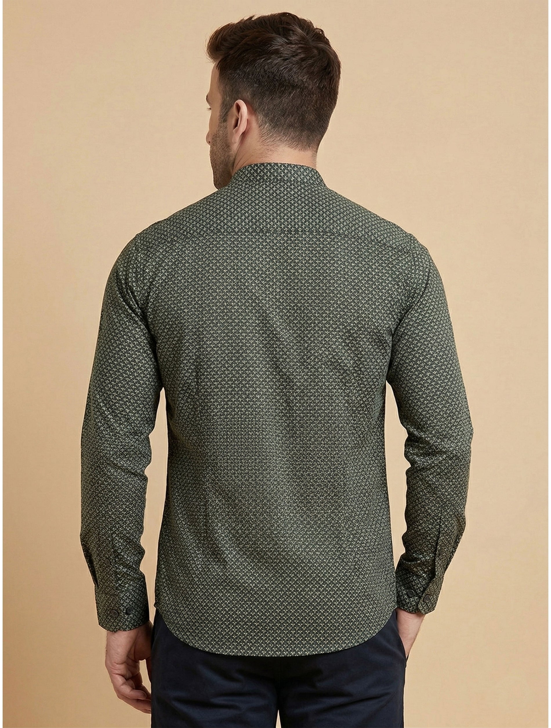 Band Collar Printed Cotton Shirt For Men