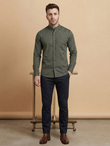 Band Collar Printed Cotton Shirt For Men
