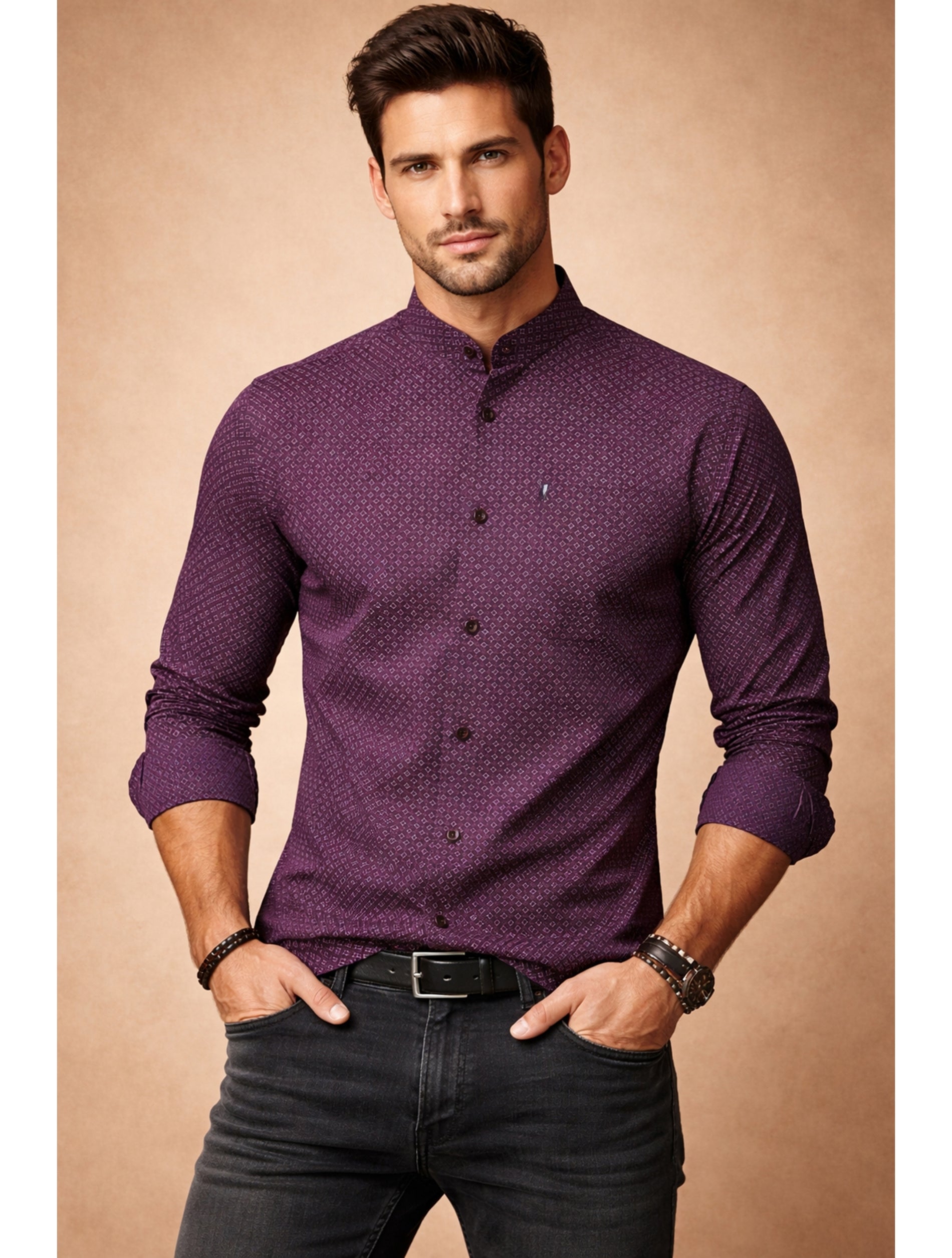 Band Collar Printed Cotton Shirt For Men
