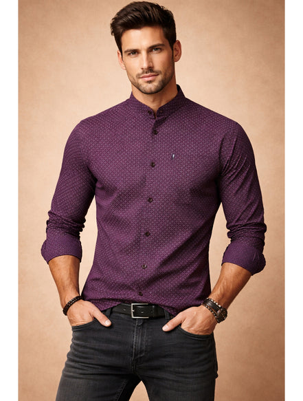 Band Collar Printed Cotton Shirt For Men