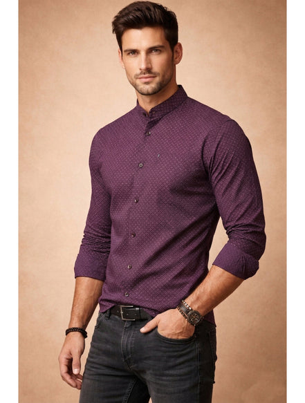 Band Collar Printed Cotton Shirt For Men