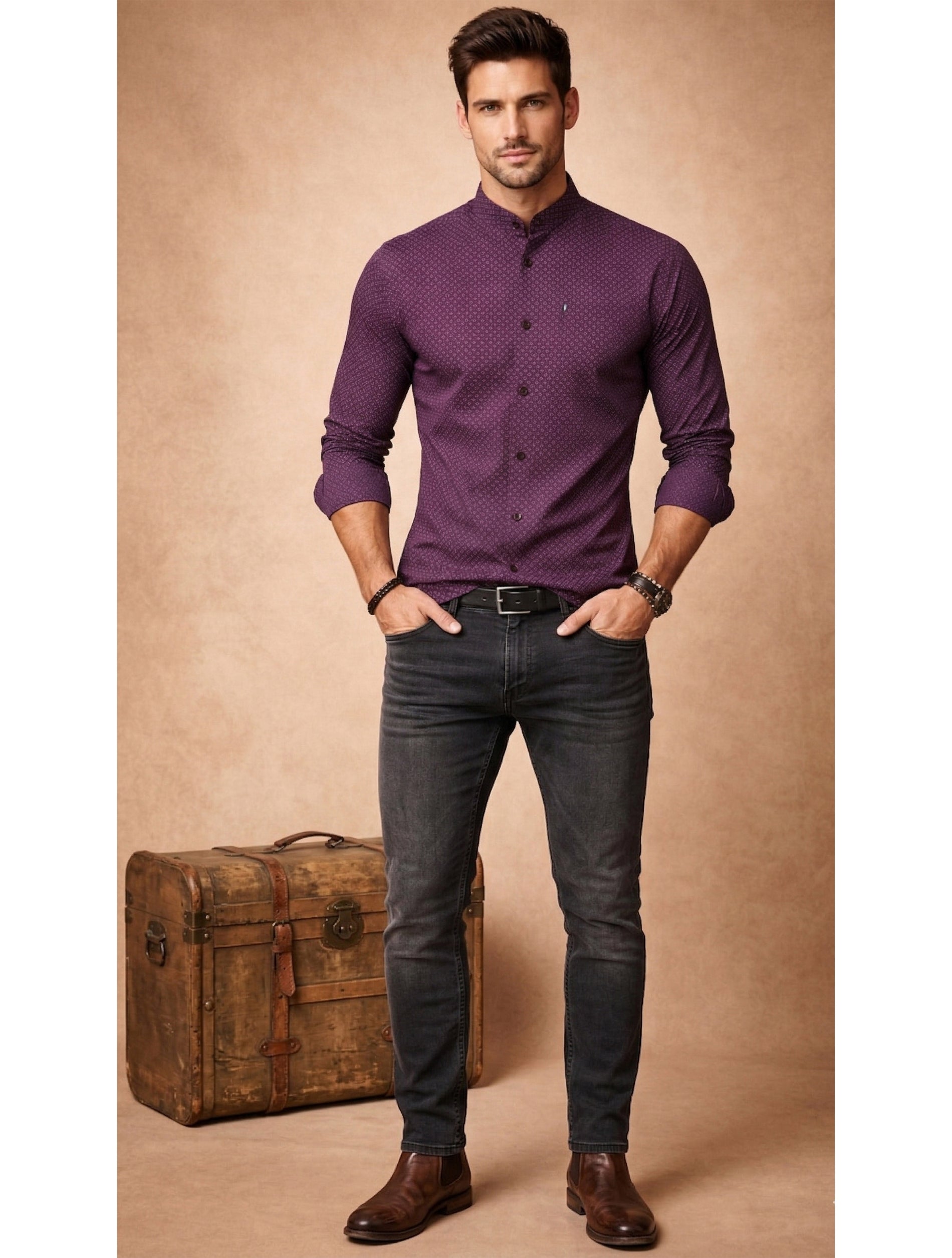 Band Collar Printed Cotton Shirt For Men