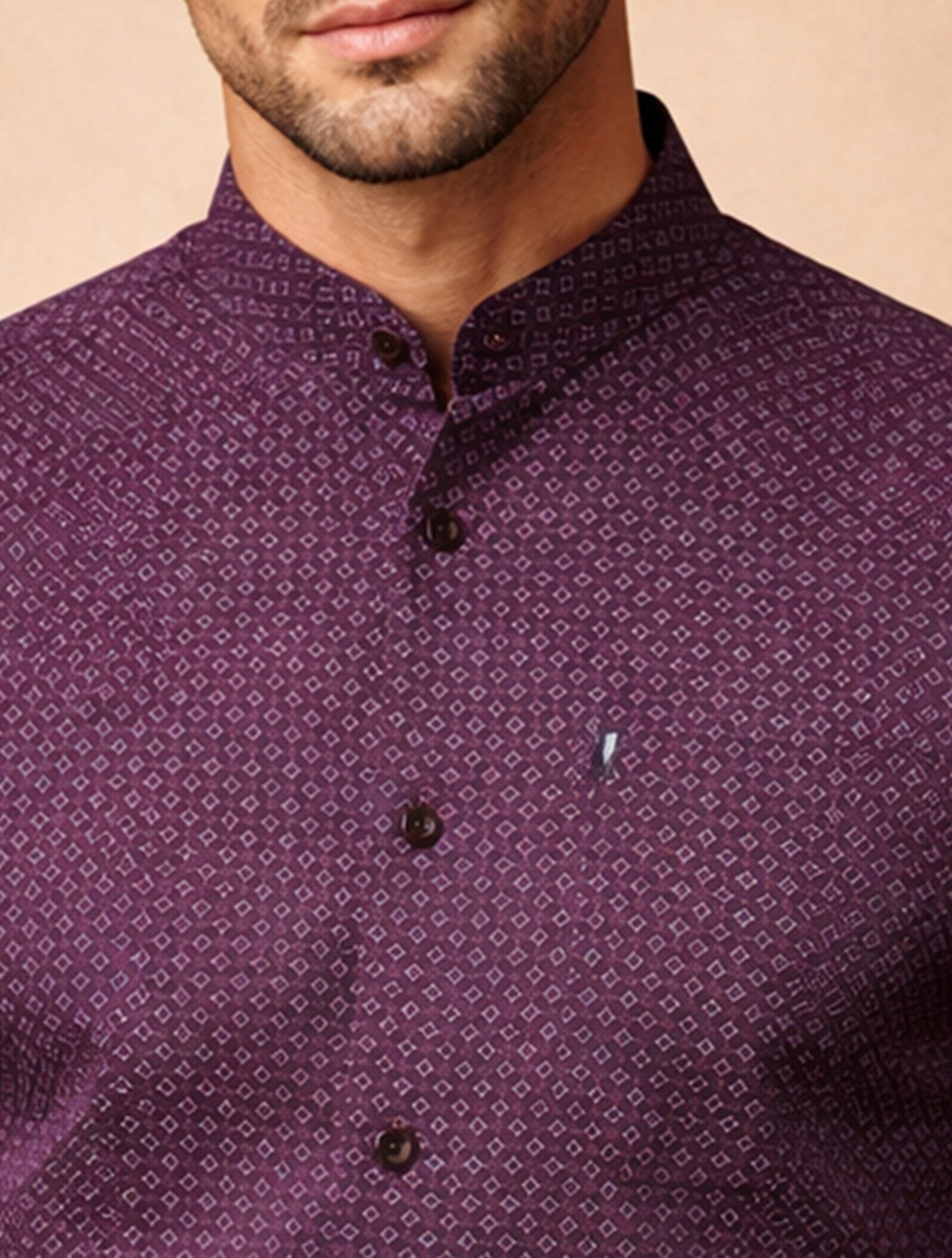 Band Collar Printed Cotton Shirt For Men
