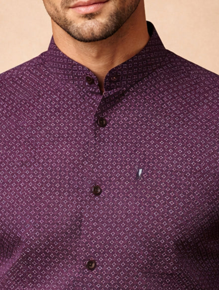 Band Collar Printed Cotton Shirt For Men