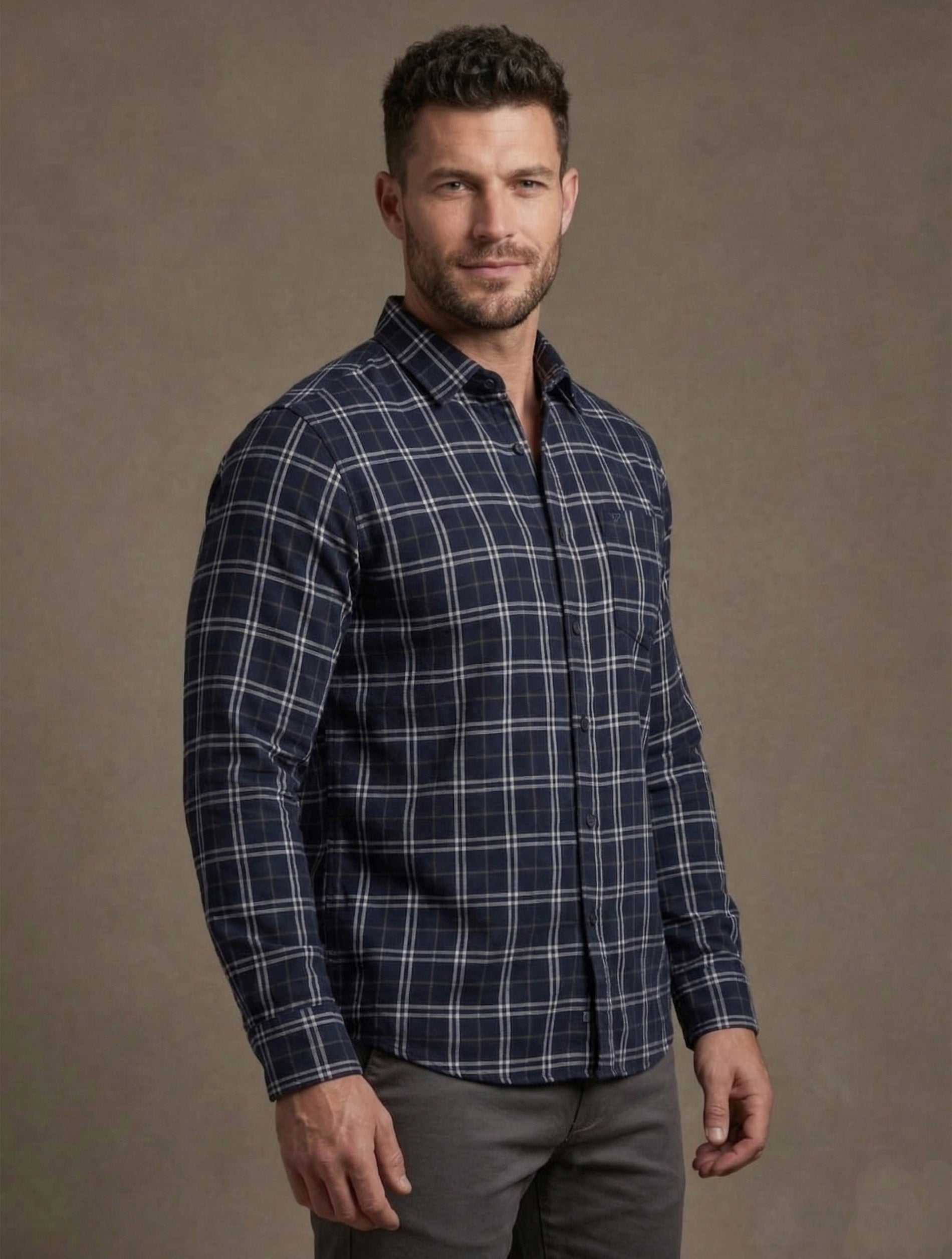 Regular Fit Navy Blue Check Shirt For Men