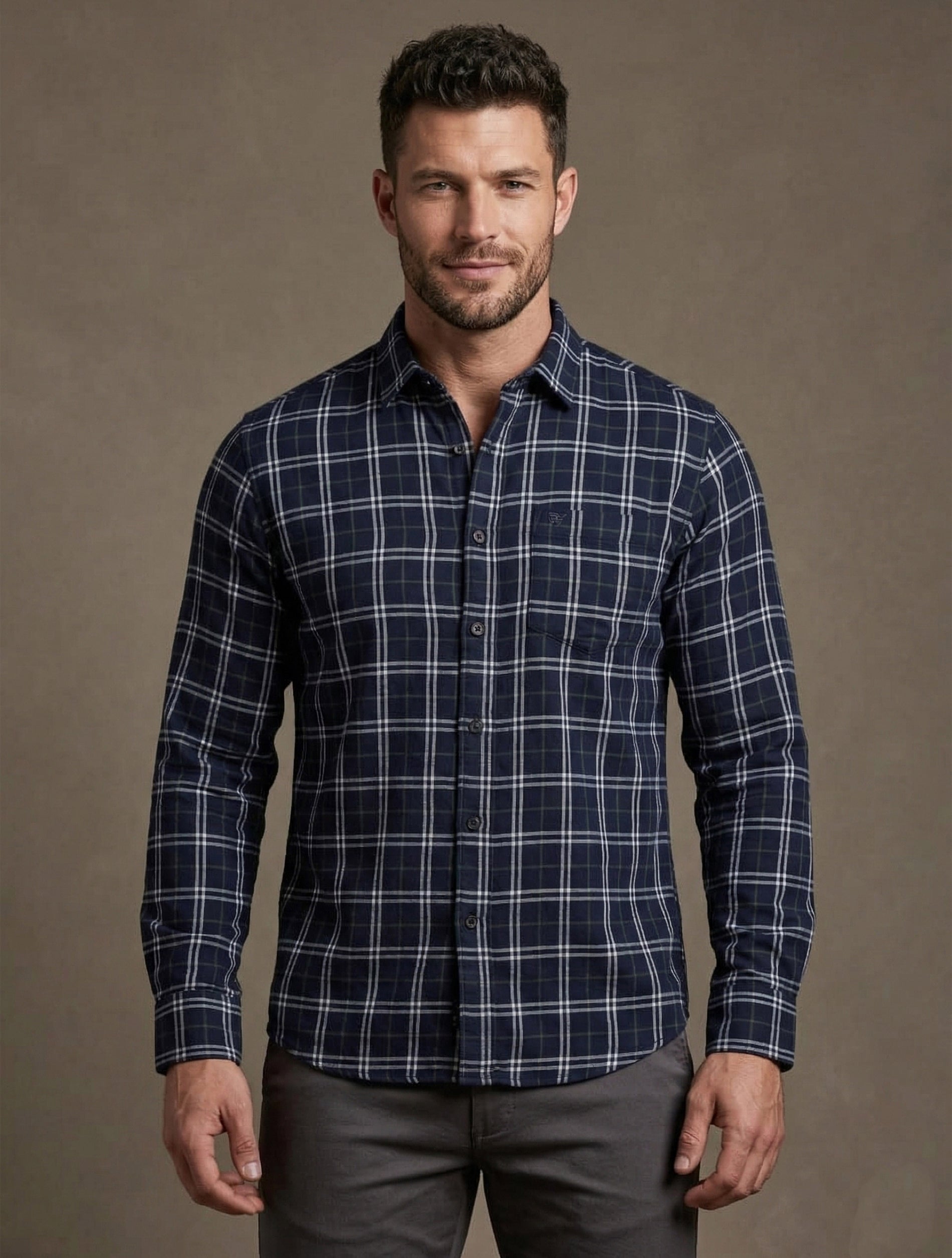 Regular Fit Navy Blue Check Shirt For Men