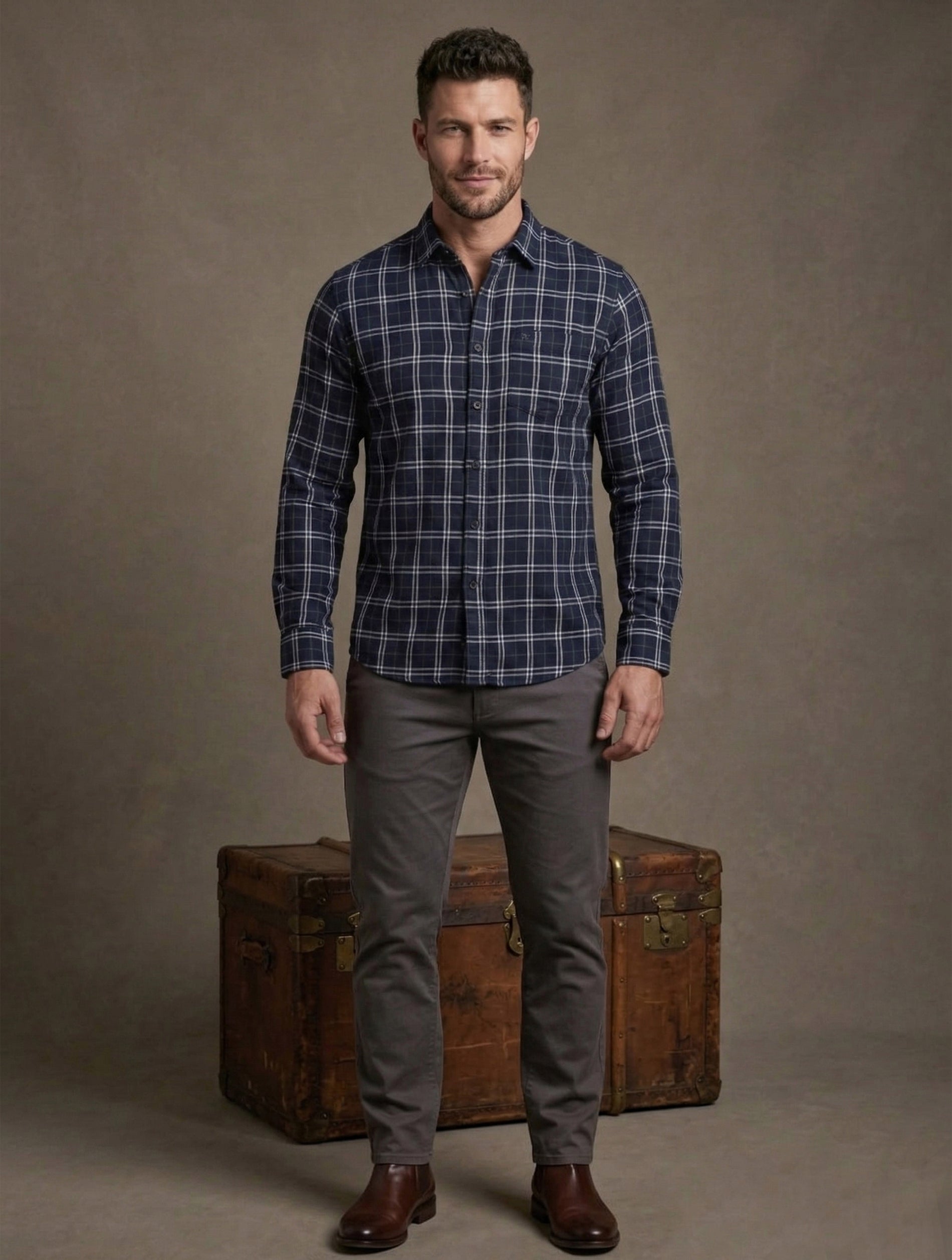 Regular Fit Navy Blue Check Shirt For Men