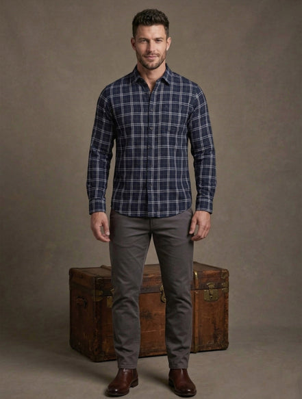 Regular Fit Navy Blue Check Shirt For Men