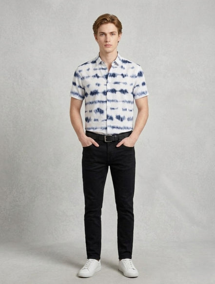 Indigo Tie-Dye Short-Sleeve Shirt For Men