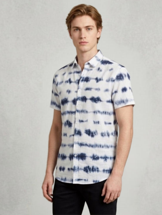 Indigo Tie-Dye Short-Sleeve Shirt For Men