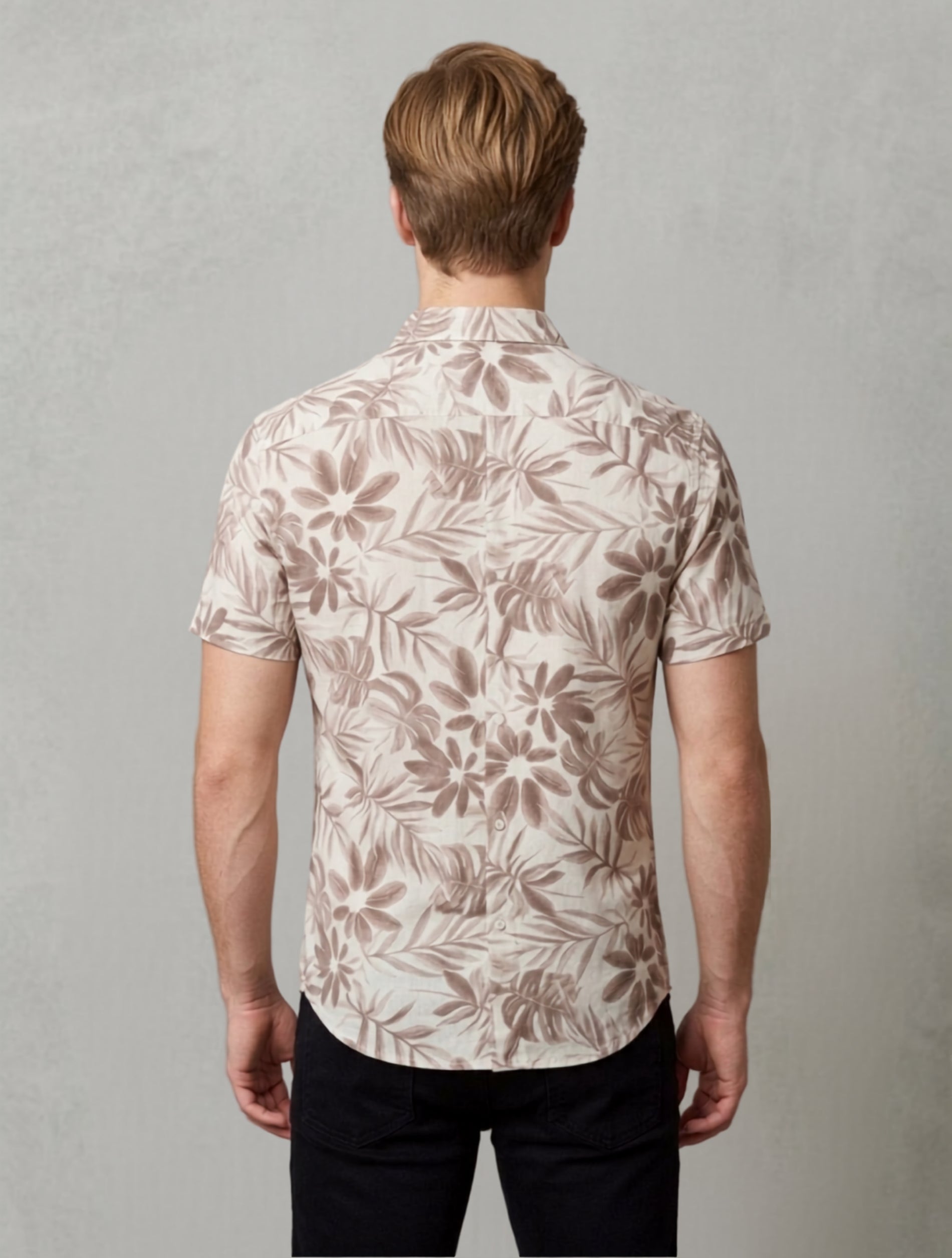 Beige Floral Print Short-Sleeve Shirt For Men
