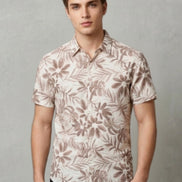 Beige Floral Print Short-Sleeve Shirt For Men