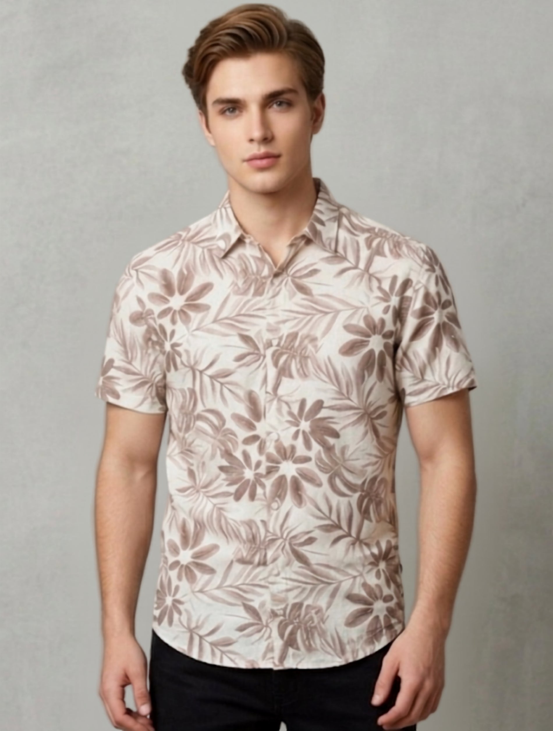 Beige Floral Print Short-Sleeve Shirt For Men
