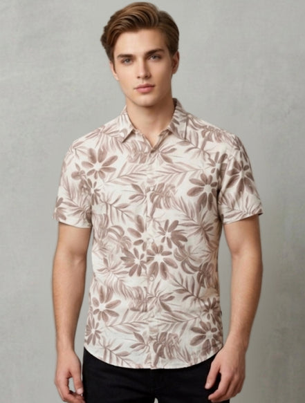 Beige Floral Print Short-Sleeve Shirt For Men