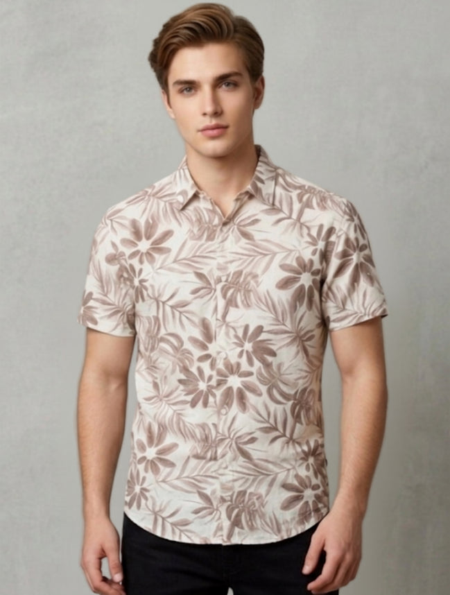 Beige Floral Print Short-Sleeve Shirt For Men