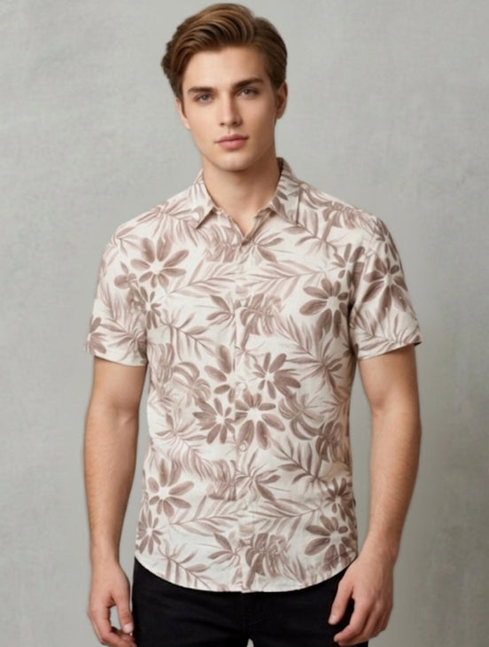 Beige Floral Print Short-Sleeve Shirt For Men