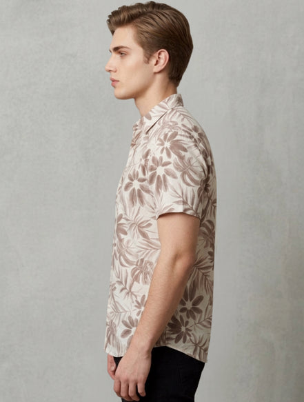 Beige Floral Print Short-Sleeve Shirt For Men