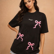 Pink Bow Printed Oversized T-Shirt for Women