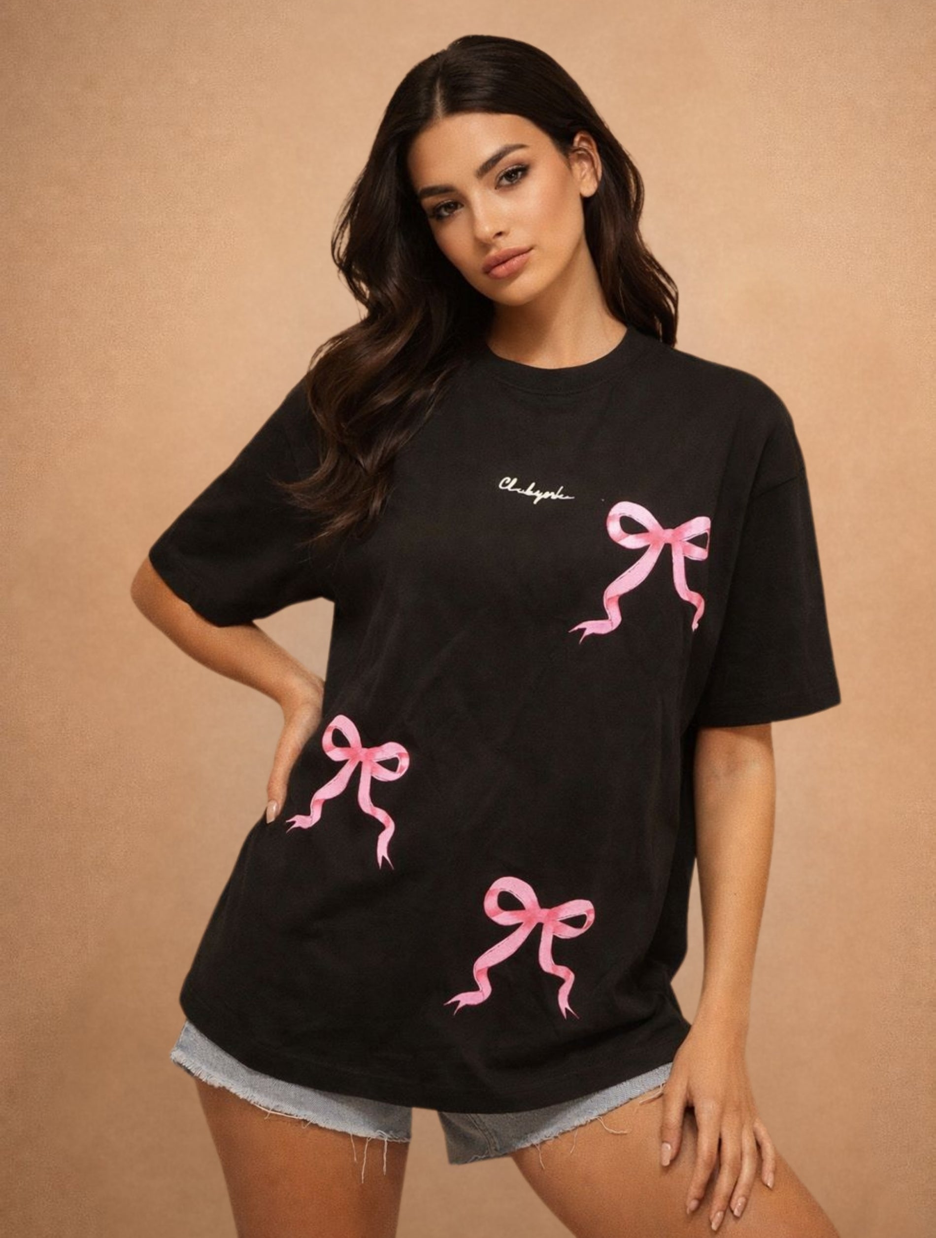 Pink Bow Printed Oversized T-Shirt for Women