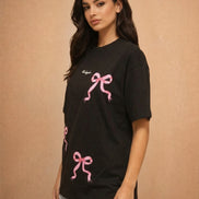 Pink Bow Printed Oversized T-Shirt for Women