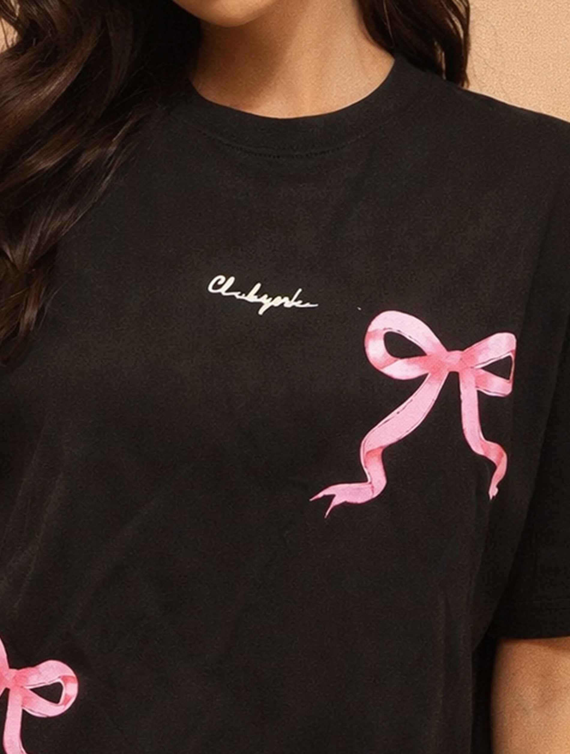 Pink Bow Printed Oversized T-Shirt for Women